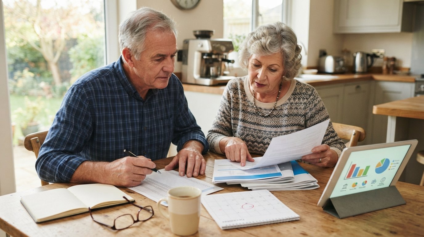 Senior couple at a kitchen table reviewing printed Medicare plan documents, a calendar with December 7 circled, and a…