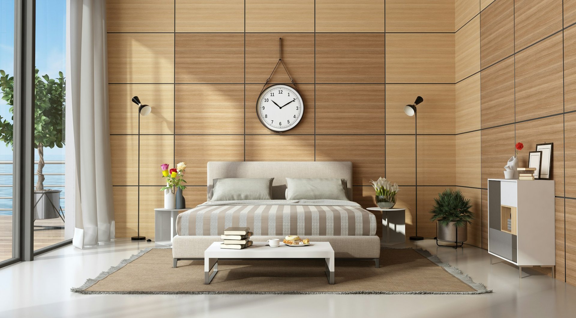 modern master bedroom with open bathroom