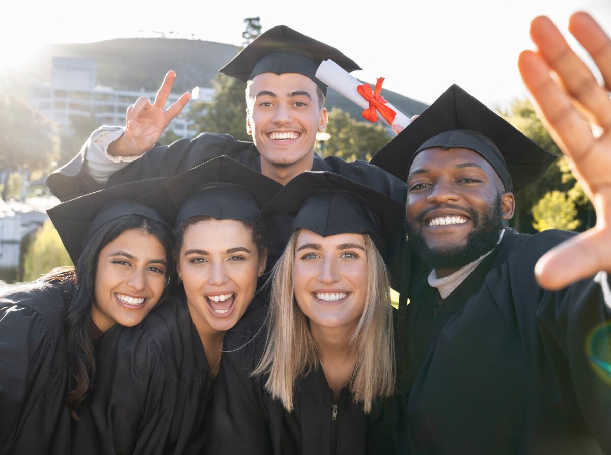 Students, graduation selfie and outdoor at campus with happiness, pride and celebration in summer. .
