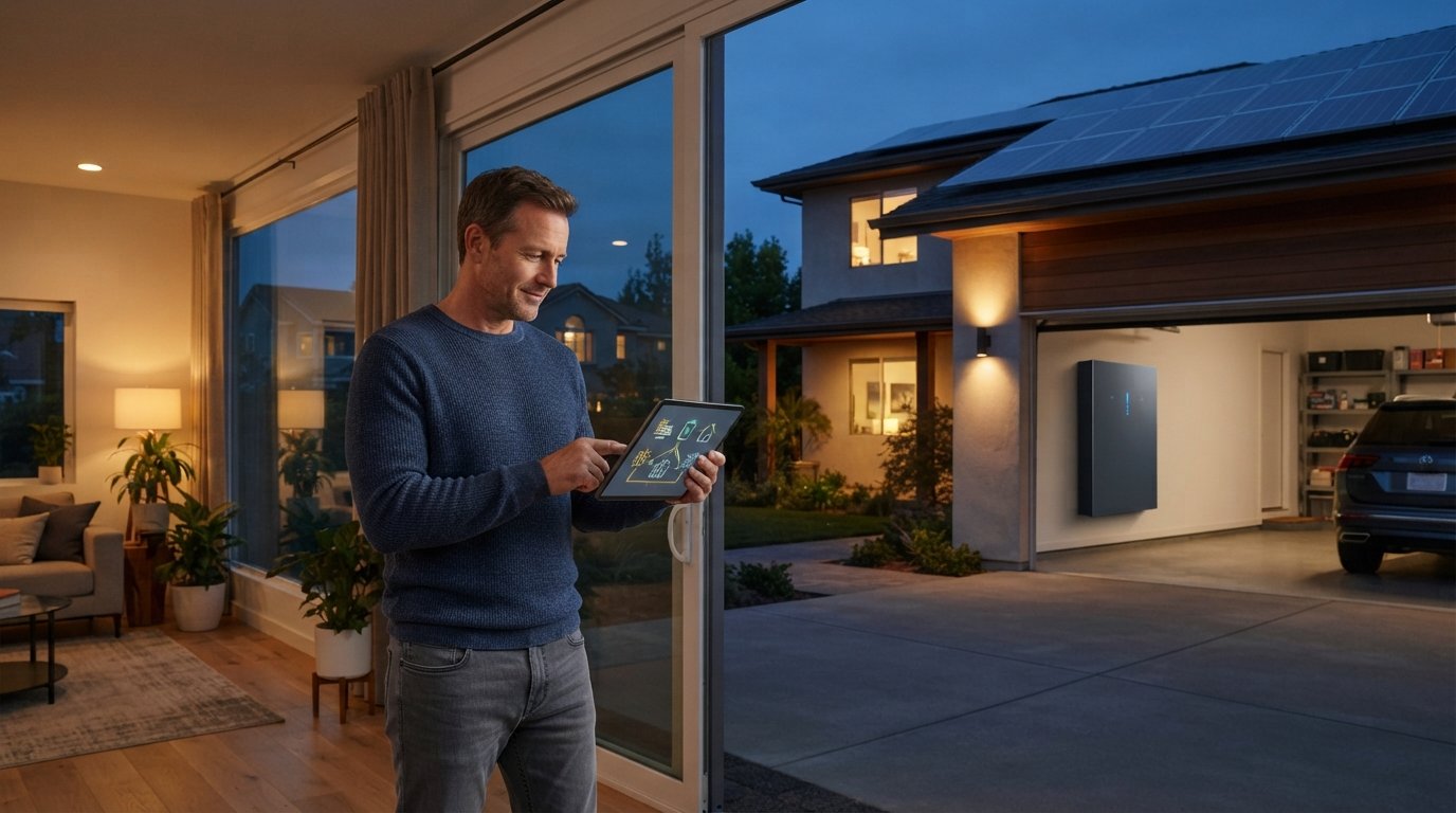 Homeowner in a living room holds a tablet showing an energy dashboard while a wall-mounted battery with blue LED lights…