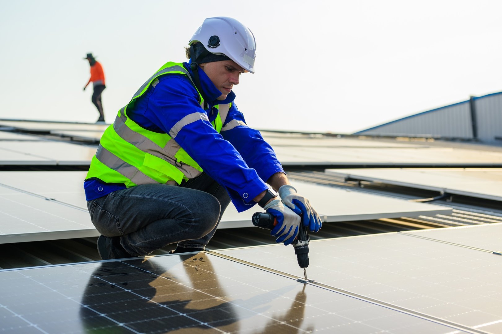 Solar panels on concrete tile roof