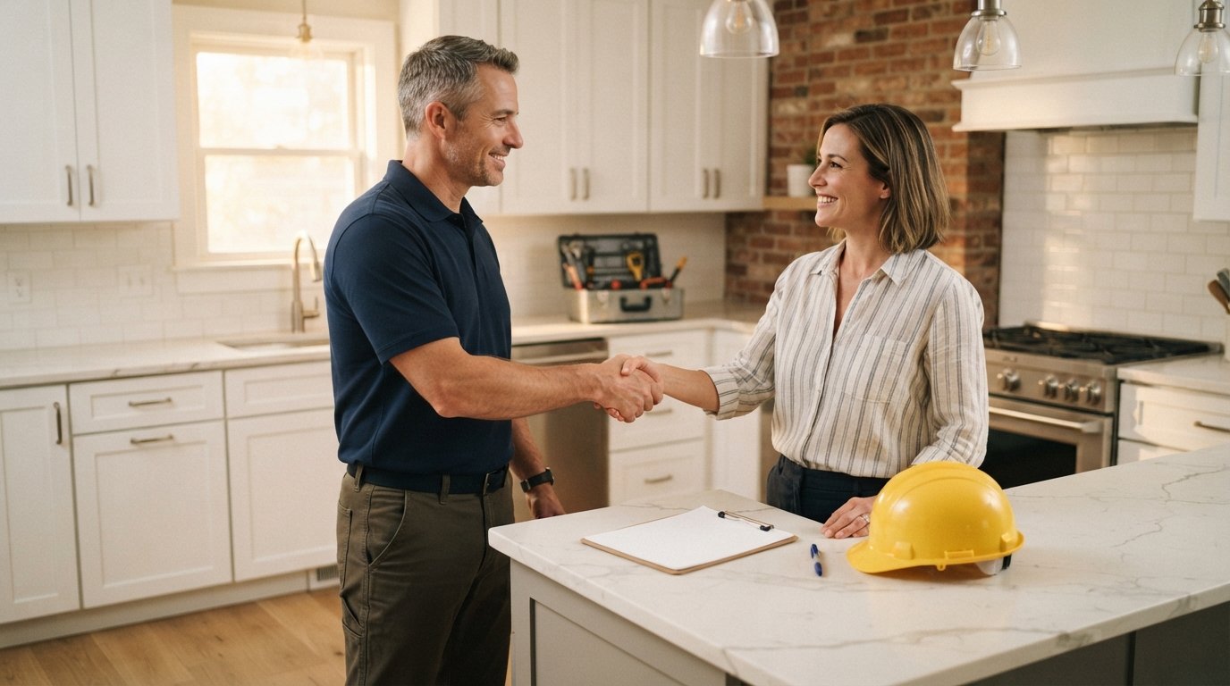 Licensed contractor in navy polo shakes hands with homeowner in a bright kitchen with white cabinets and quartz countertops