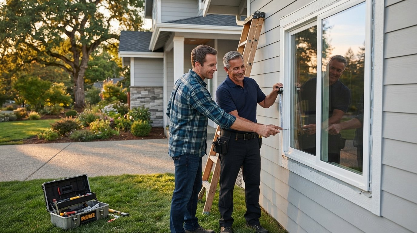 Homeowner in jeans and flannel shirt pointing at a new double-pane window as a contractor in a polo shirt stands beside a…