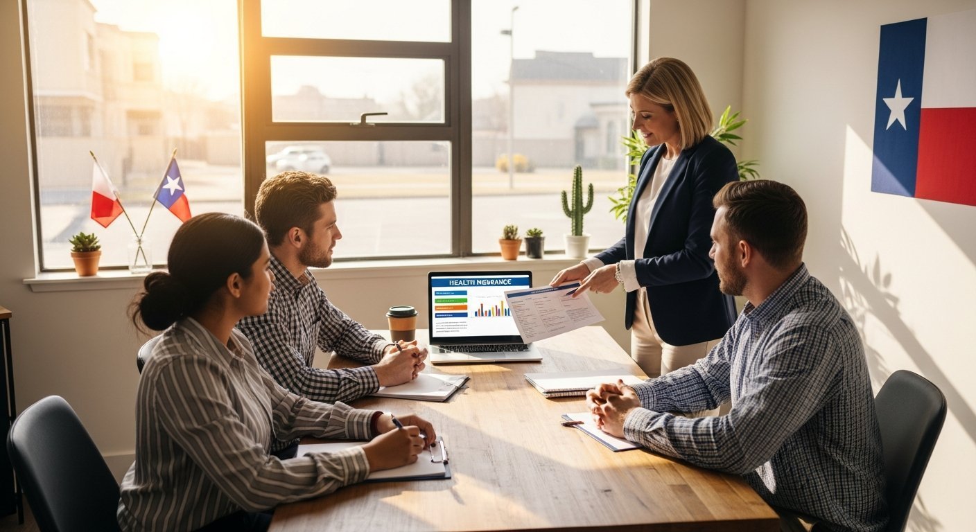 Diverse team of five employees and a broker in a bright Texas office, gathered around a wooden table with a laptop showing…