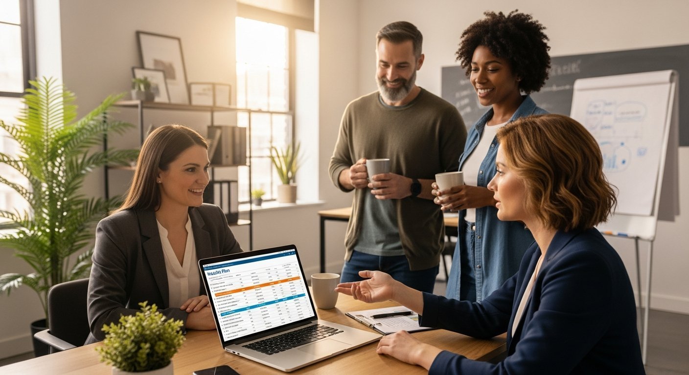 Small business owner in a blazer smiles at a laptop showing a blue and green health plan comparison chart, while two…