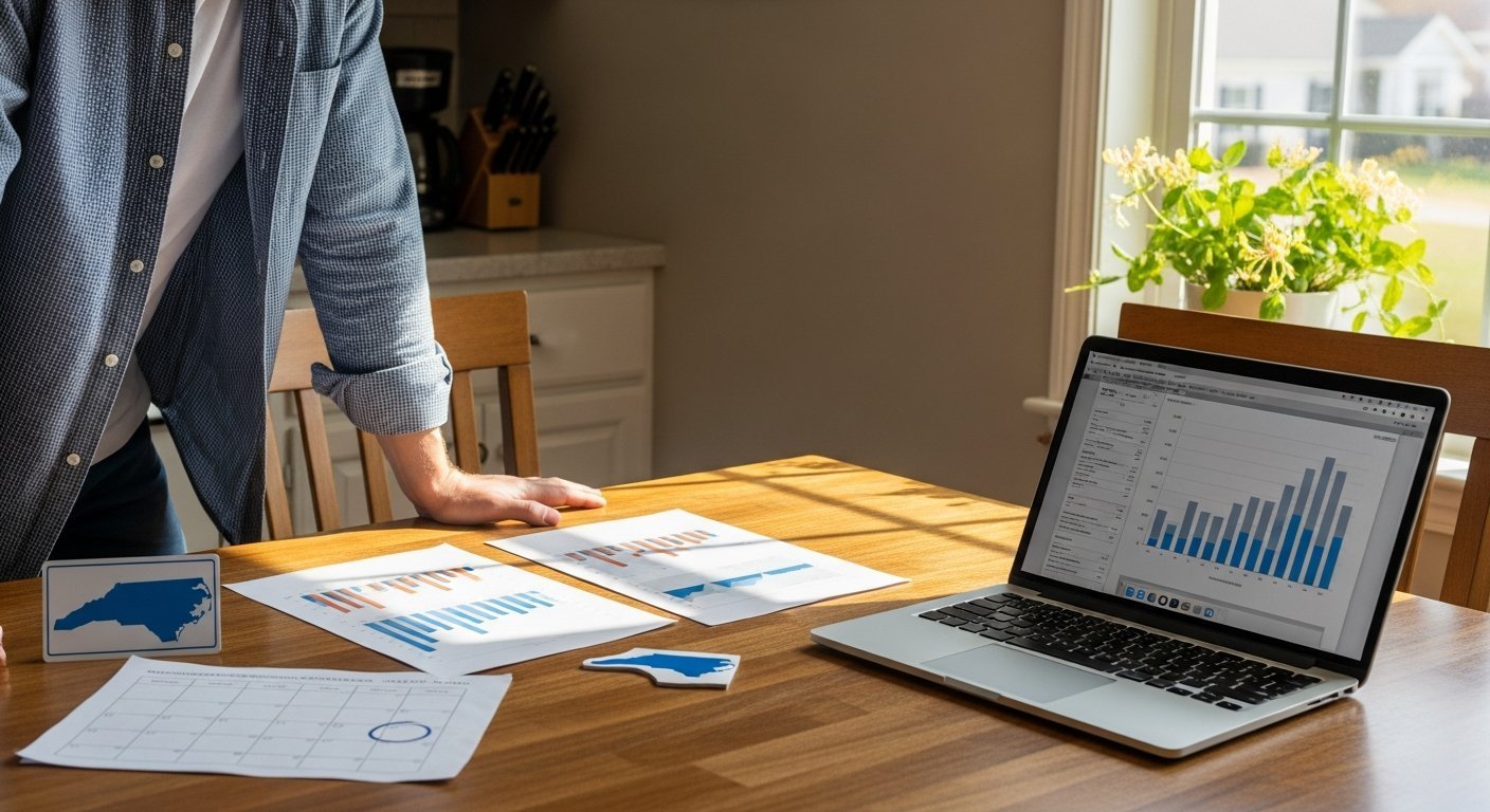 Man in casual button-down shirt sitting at kitchen table comparing two printed insurance quote sheets on laptop, with…