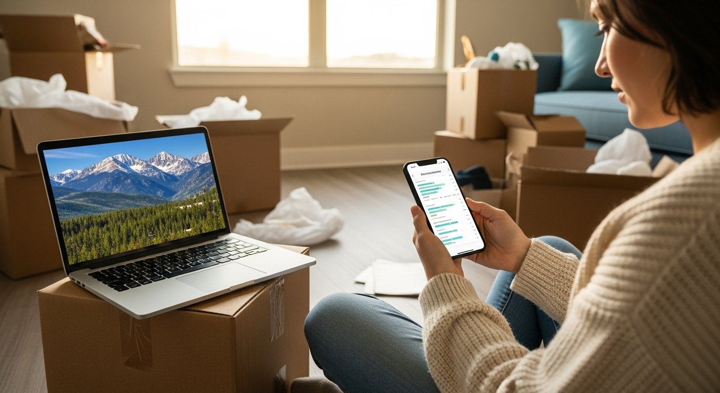 Young person in jeans and sweater sitting on apartment floor amid moving boxes, holding smartphone with quote chart, laptop…