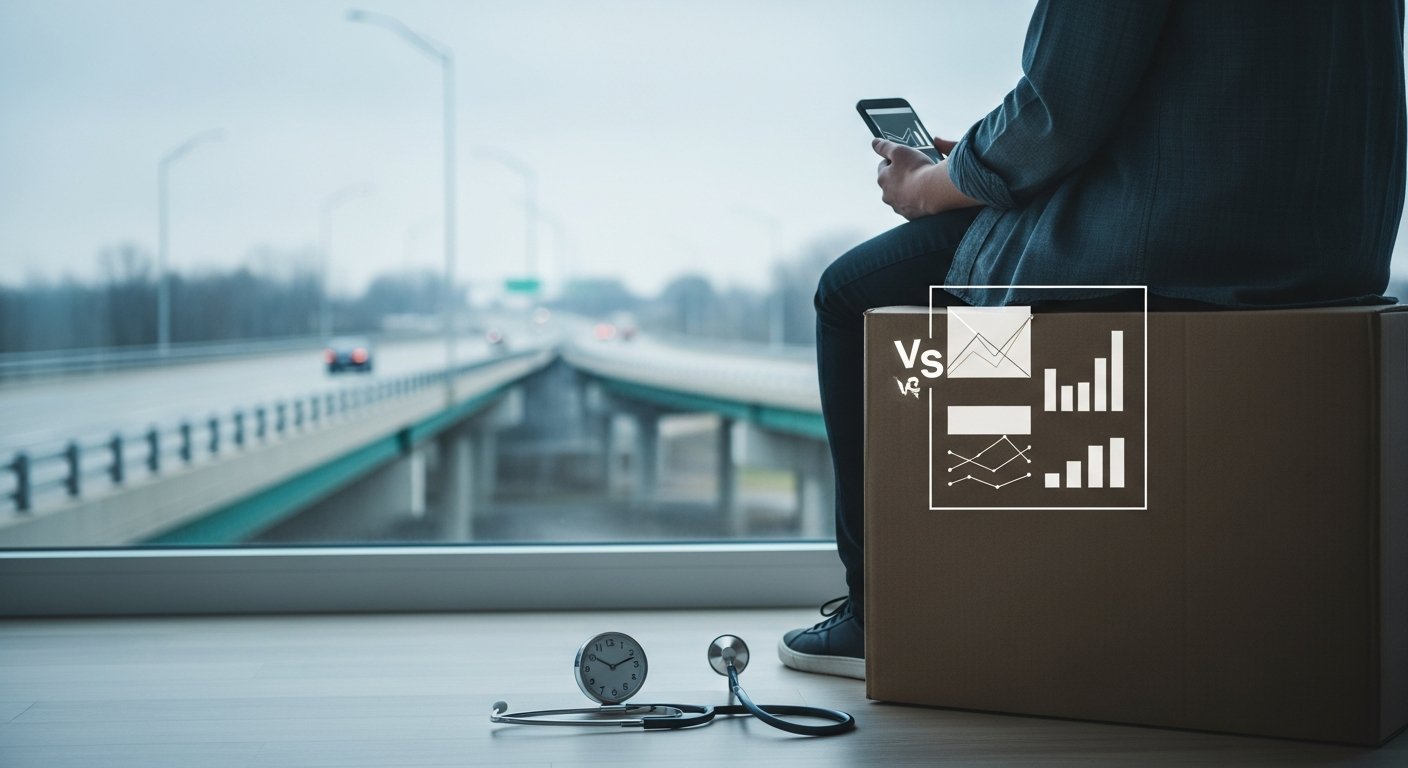 A young professional in a casual button-down shirt sits on a moving box under an overcast Ohio highway overpass, holding a…