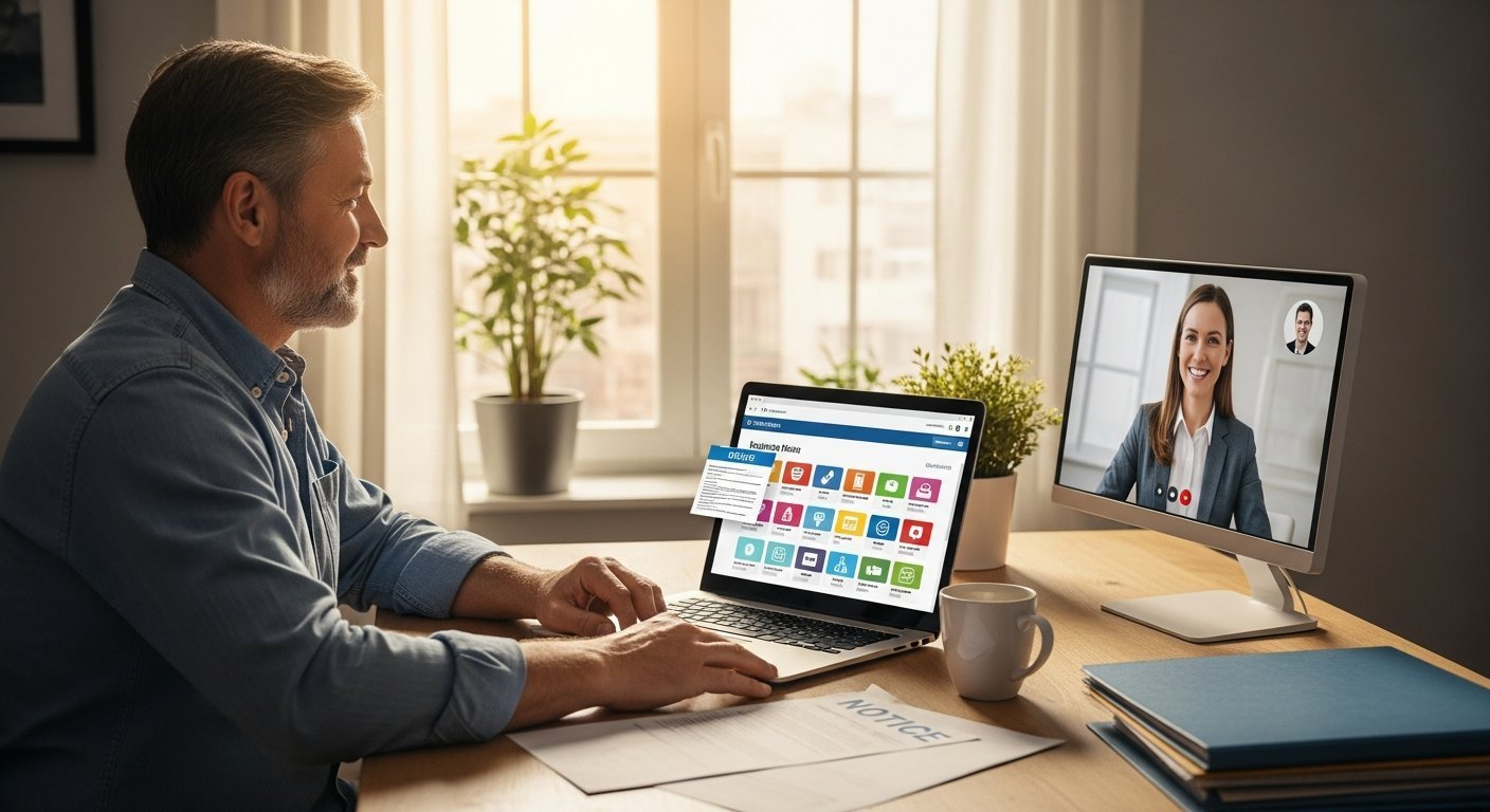 Middle-aged man at a home office desk with a laptop showing a Compare Plans grid, a COBRA notice and termination letter…
