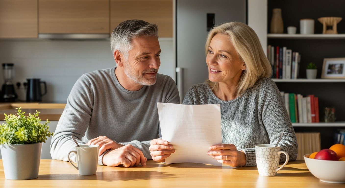 A middle-aged couple sitting at a sunlit kitchen table, looking at a single sheet of paper together with calm, relieved…