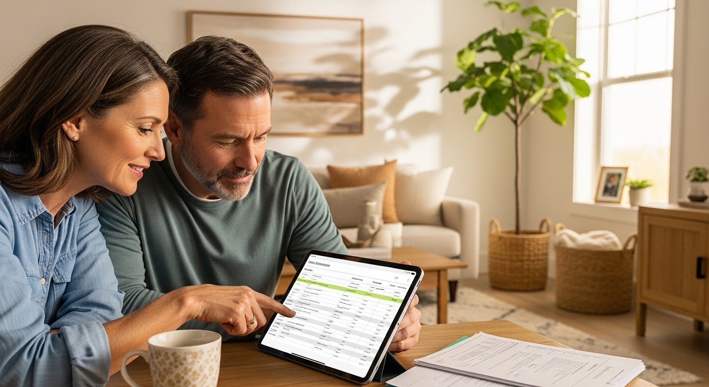 Middle-aged couple sitting at a sunlit kitchen table smiling while looking at a health insurance comparison chart on a…