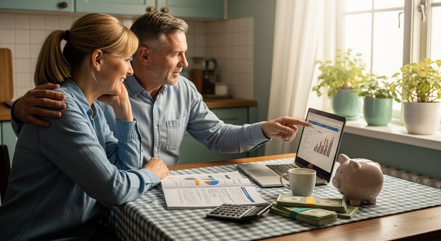 Middle-aged couple sitting at a sunlit kitchen table, smiling while looking at a laptop screen showing a health insurance…