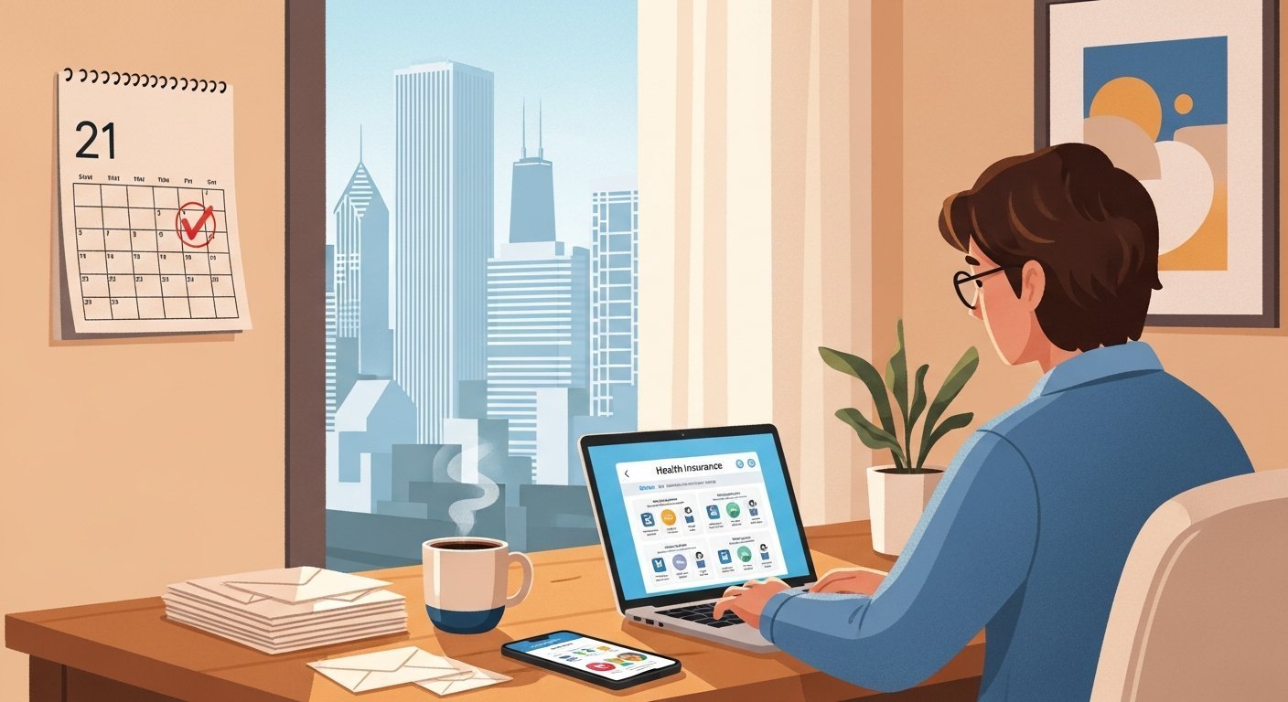 A young professional in business casual attire sits at a laptop in a bright apartment, with Chicago skyline visible through…