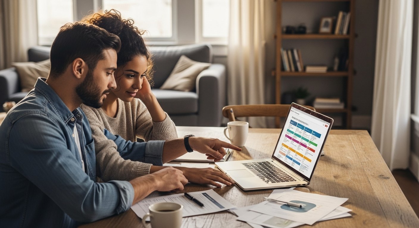 A couple in their 30s sits at a wooden dining table, leaning toward a laptop showing a health insurance comparison page,…
