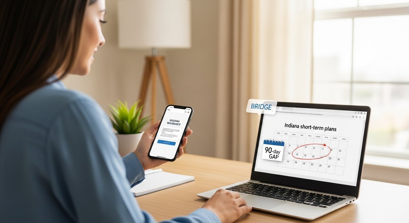 Woman in her 30s sitting at a home desk in a bright apartment, holding a smartphone showing a health insurance comparison…