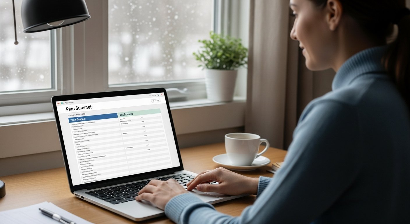 Person in a cozy home office with snowfall outside, viewing a side-by-side health insurance plan comparison grid on a…