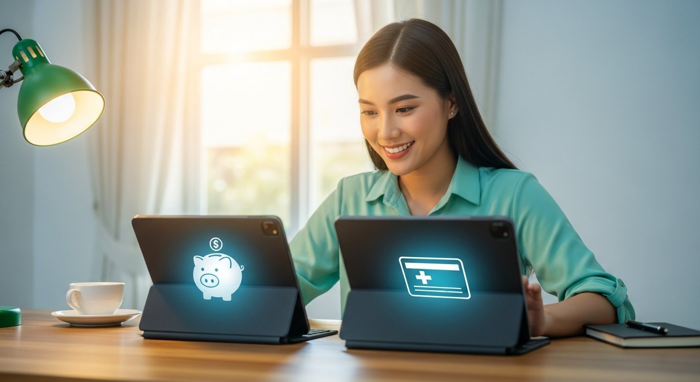 Young woman smiling while comparing two tablet screens, one showing a piggy bank icon and the other a health insurance card…