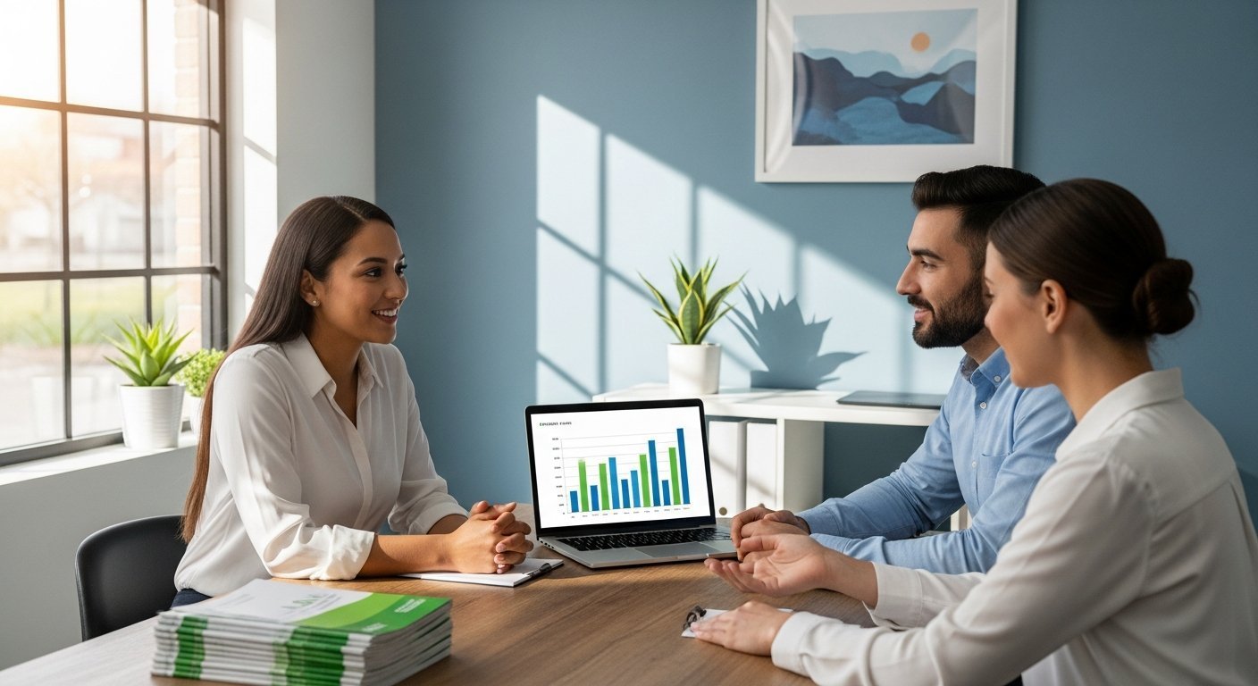 Small business owner and two employees sitting at a wooden table reviewing health plan brochures and a laptop with a chart…