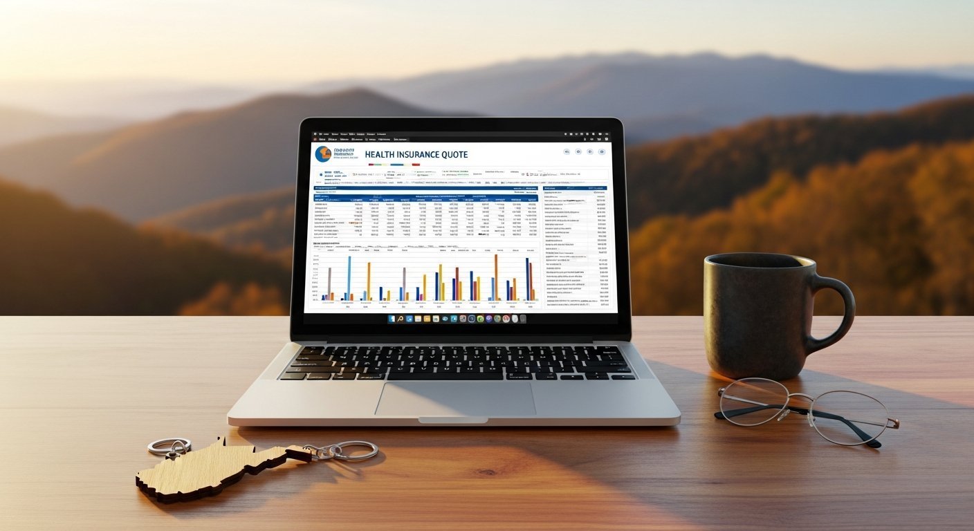 Top-down view of a wooden desk with an open laptop showing a health insurance comparison chart, a coffee mug, reading…