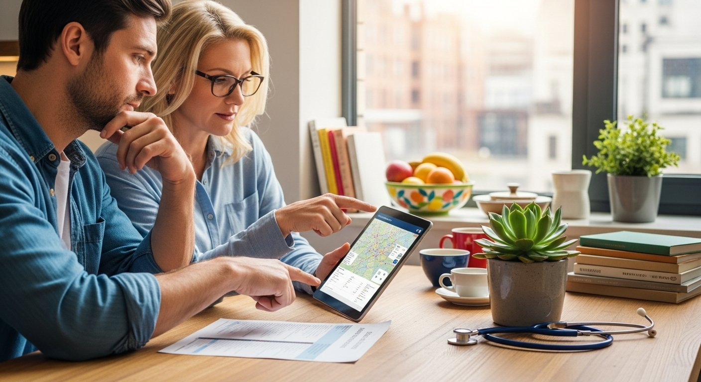Middle-aged couple at a kitchen table in a New York apartment reviewing a paper health benefits summary and a tablet with a…