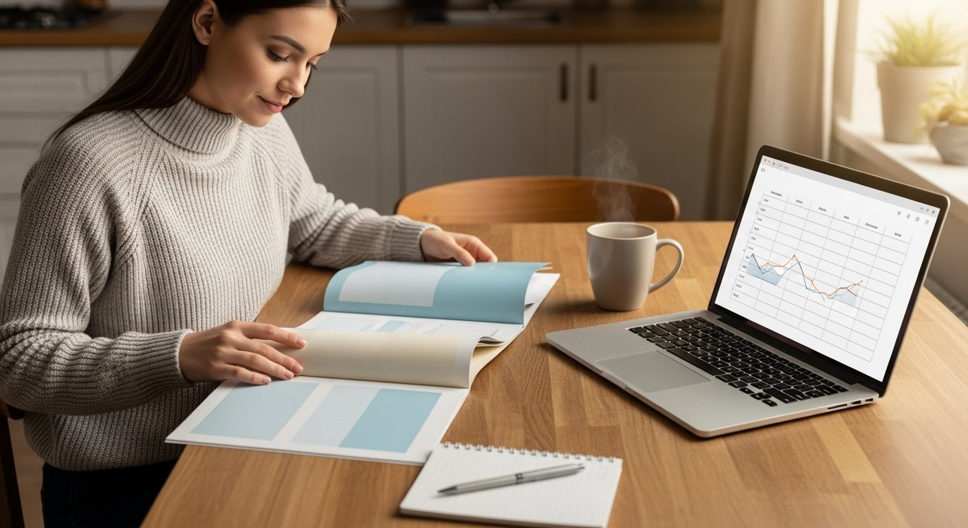 Young woman at sunlit kitchen table comparing two health insurance plan brochures side by side, with laptop showing a…