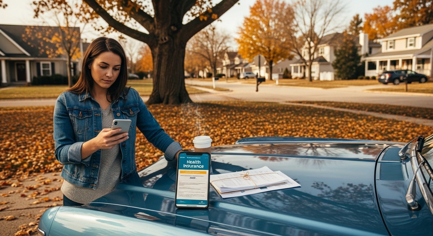 A young woman in a denim jacket stands on a sunny Michigan street, holding a smartphone while papers and a coffee cup rest…