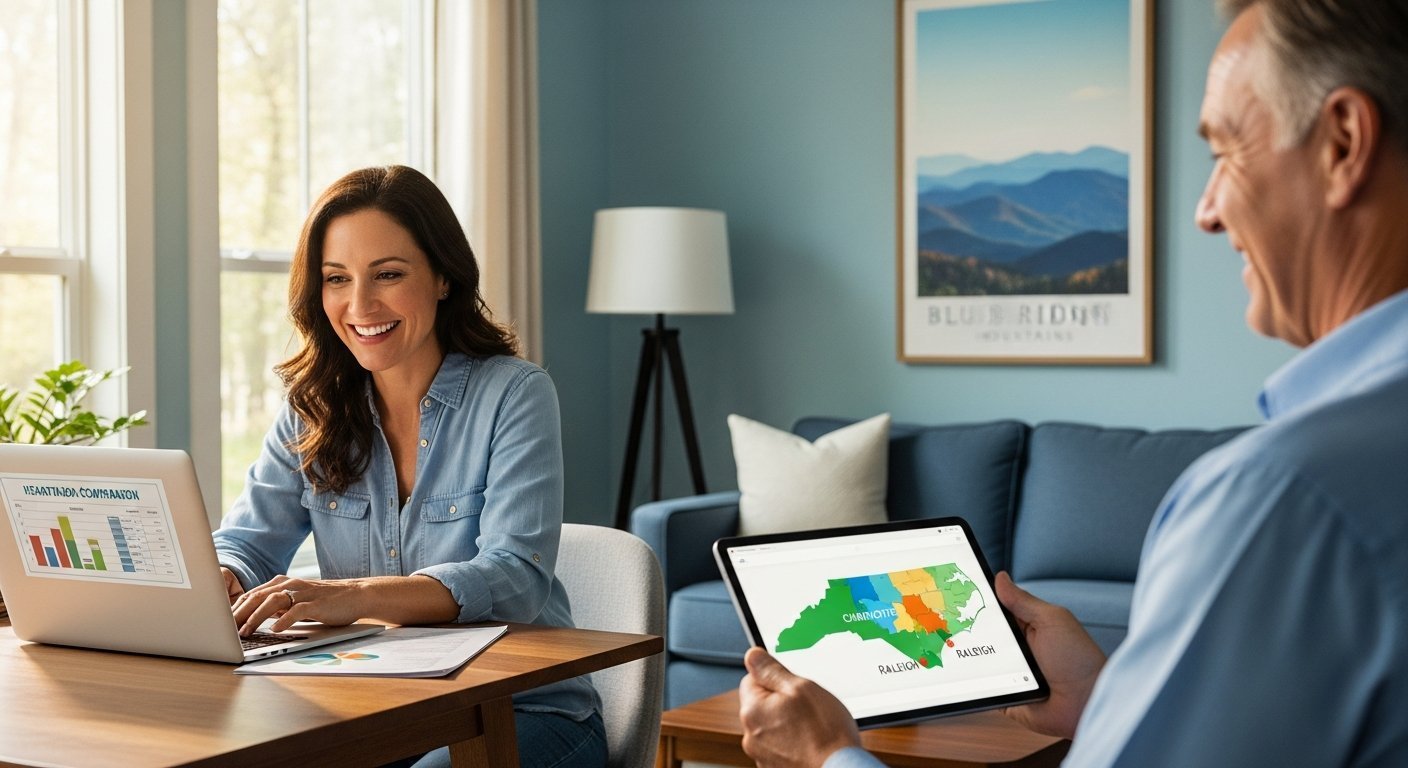 Smiling woman in her 40s sits at a wooden desk in a sunlit living room, comparing health insurance plans on a laptop, while…