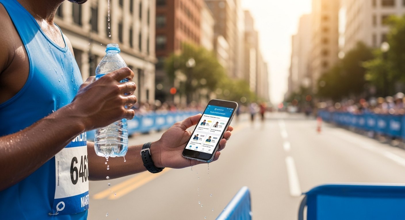 A marathon runner, wearing a bright blue singlet and sweat-drenched gear, is paused at a — marathon health insurance quotes
