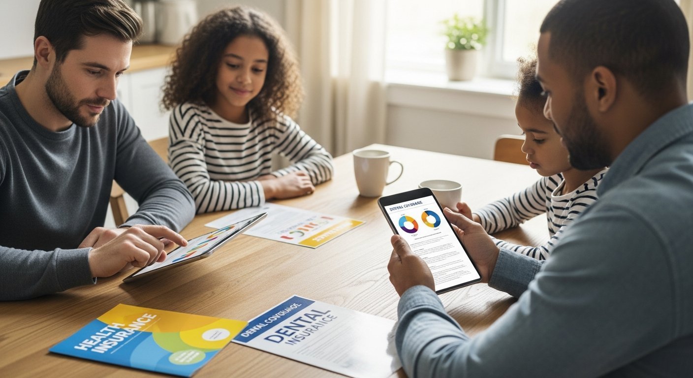 A diverse family of four sits at a wooden kitchen table in morning light; one parent holds a tablet showing side-by-side…
