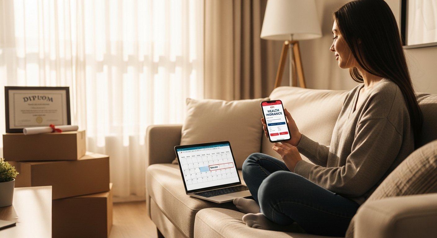 Woman in her late twenties sits on a beige sofa holding a smartphone showing a health insurance comparison screen, with a…