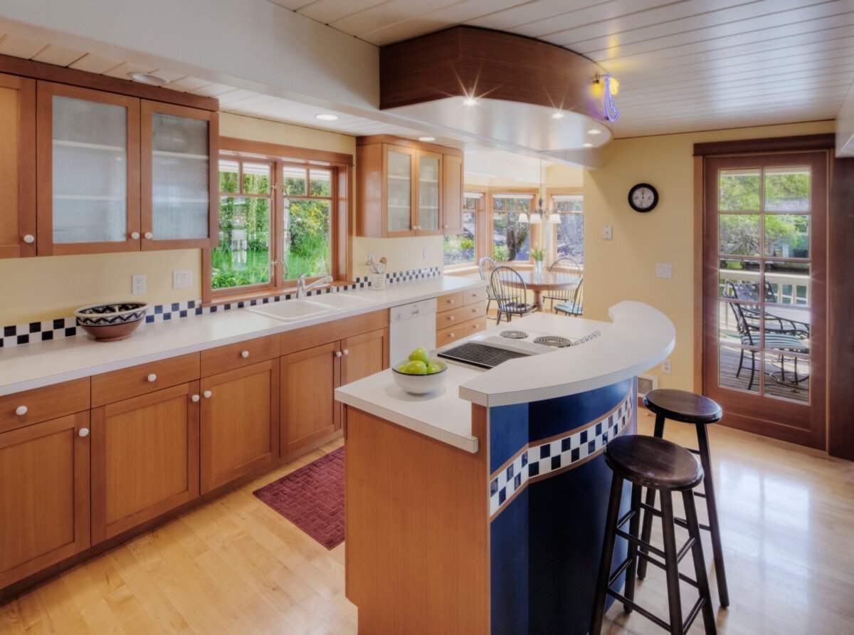Counter tops and stools in open kitchen