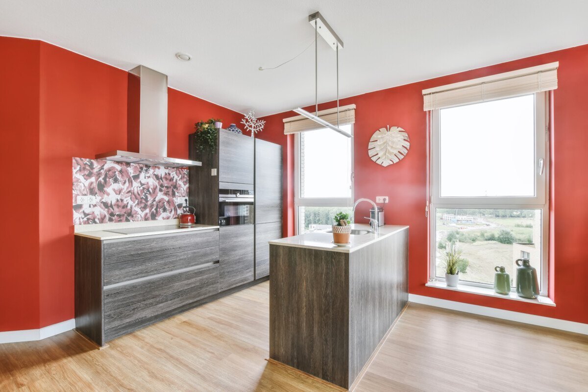Stylish kitchen with red wall and gray kitchen unit