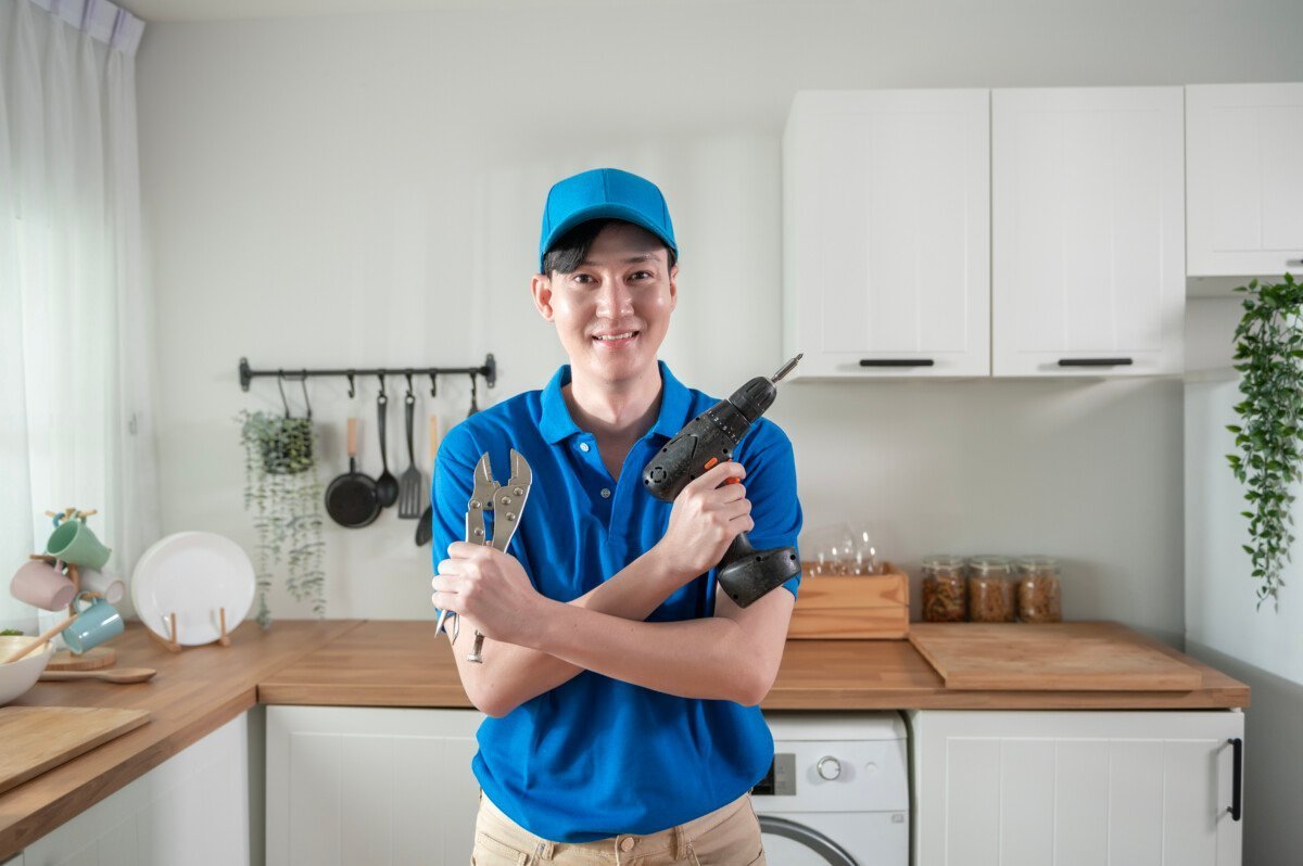Technician service man checking electrical appliances