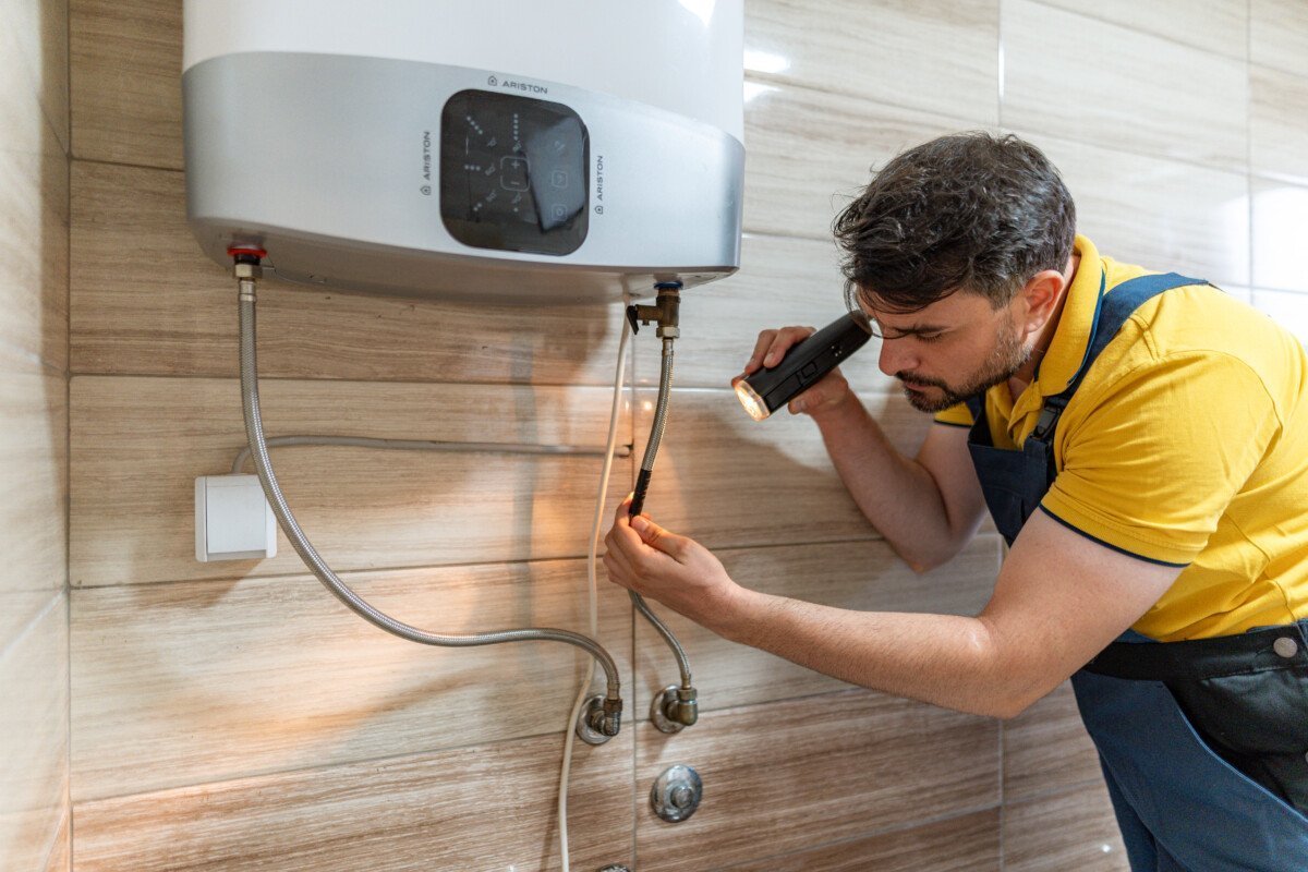 A man in a yellow shirt inspects a water heater with a flashlight in a contemporary bathroom. He is focused on fixing the…