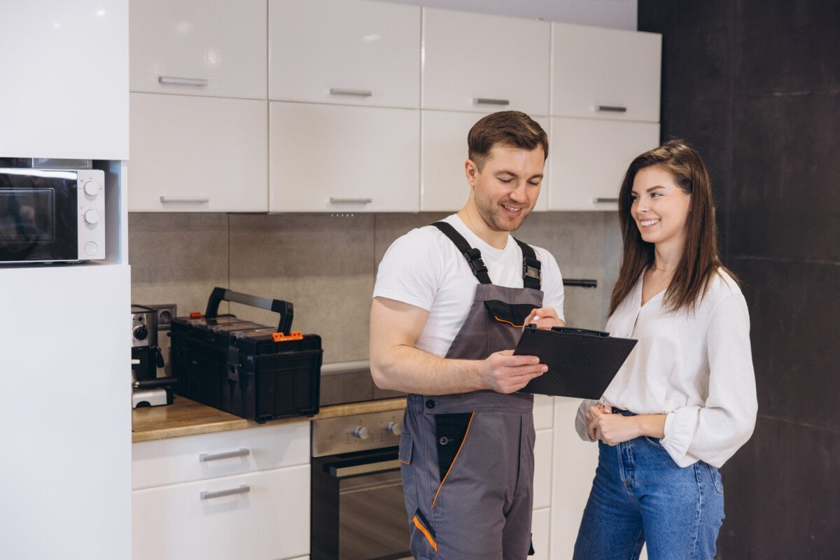 Plumber presenting an estimate for repair work while a smiling woman engages in conversation in a sleek, modern kitchen…